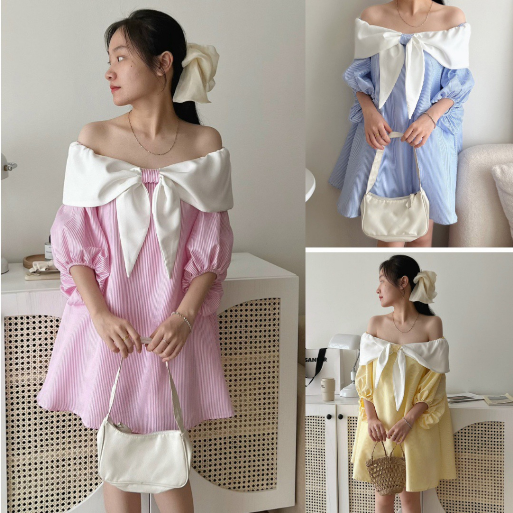 Đầm trễ vai babydoll hai lớp tay ngắn phồng bo chun nơ trắng bánh bèo Hàn Quốc MSP LACO141
