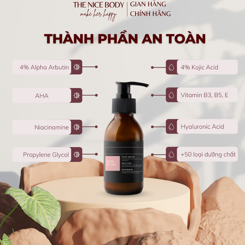 Kem Body Dưỡng Trắng Da CHUẨN KHOA HỌC Dạng Lotion, Trắng An Toàn, Bền Vững Chứa Alpha Arbutin, Kojic Acid, Niacinamine