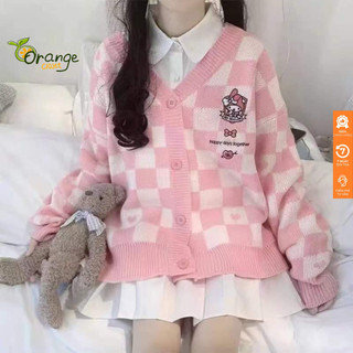 Áo Khoác Len Cardigan Dệt Kim Tay Dài From Rộng Họa Tiết Ô Vông Phối Thêu Thỏ Siêu Cute Phong Cách Lolita Hàng Qccc Oran