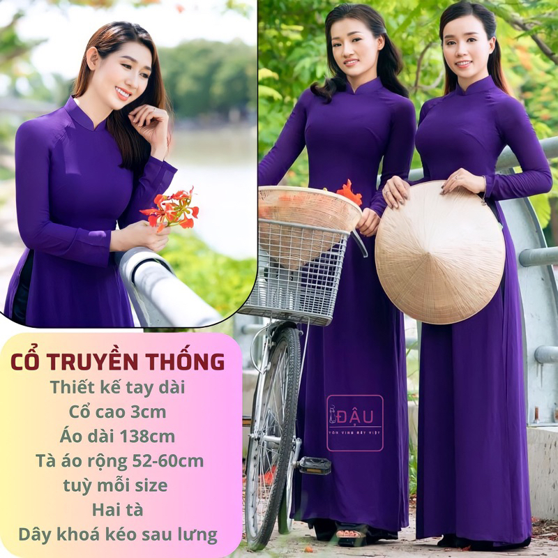 Áo dài tím huế đậm trơn truyền thống may sẵn lụa mỹ cao cấp