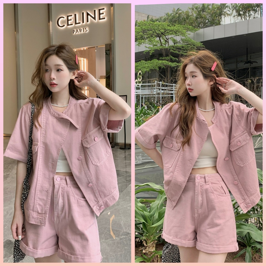 (ORDER) Áo Khoác Denim Ngắn Tay Phối Quần Short Thiết Kế Sang Chảnh Theo Phong Cách Retro