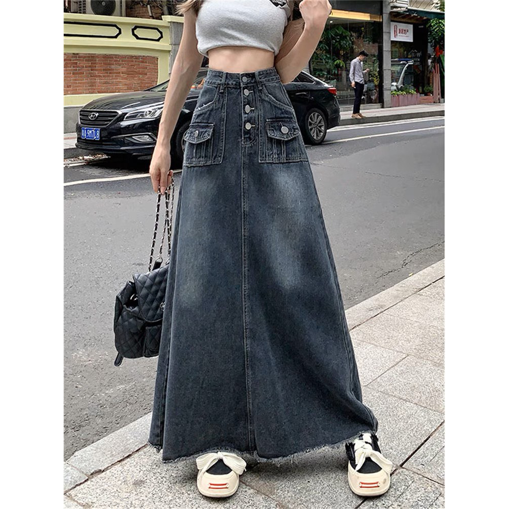 Chân Váy Jean Dáng Dài Eo Cao 4 Cúc Túi Hộp Thời Trang Nữ có bigsize