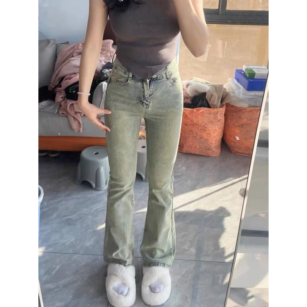 ￼Quần Jean Màu Xanh Trending Ống Loe Lưng Cao Dáng Ôm Phong Cách Hàn Quốc Đơn Giản Cho Nữ có bigs