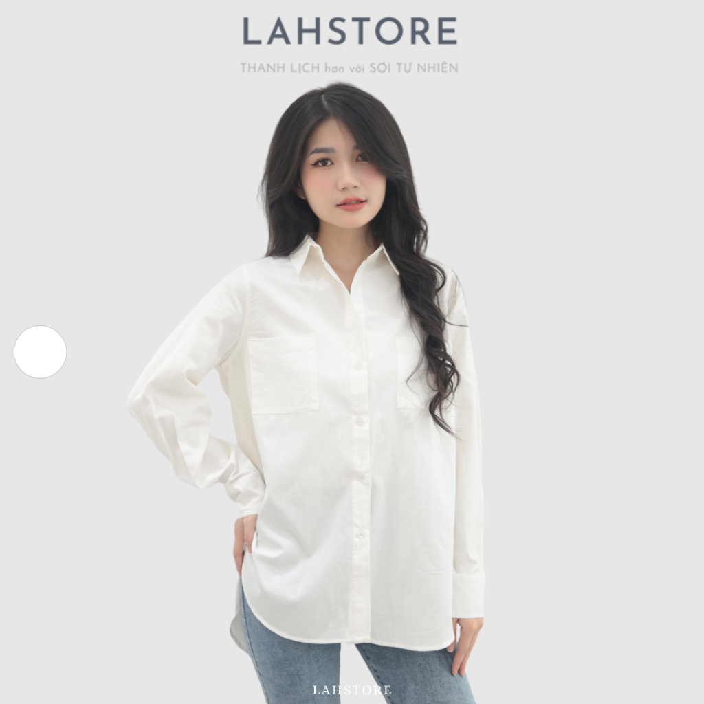 Áo sơ mi nữ form rộng tay dài vải thô cotton cao cấp, cổ đức 2 túi ngực LAHSTORE (Trắng Ngà)