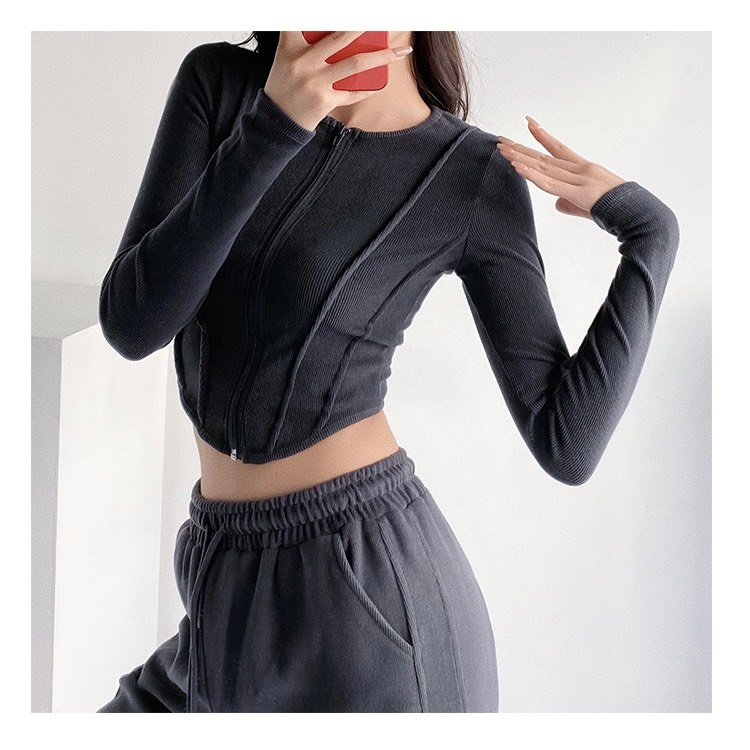 Áo Croptop Kiểu Kéo Khóa Gân Ngực Tay Dài Xinh Xắn-Hannie Store