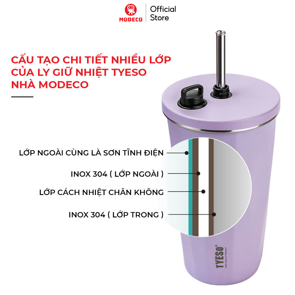 Ly Giữ Nhiệt Cao Cấp Tyeso 600ml, Cốc Giữ Nhiệt Có Ống Hút Modeco - Chất Liệu Inox 304 giữ  lạnh tới 12h, Nắp Chống Rỉ