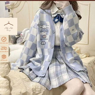 Áo Khoác Len, Áo Cardigan Dáng Dài Tay Dài From Rộng Bigsz Cổ V Họa Tiết Karo Thêu Thỏ Phong Cách Lolita Hàng Qccc Matma