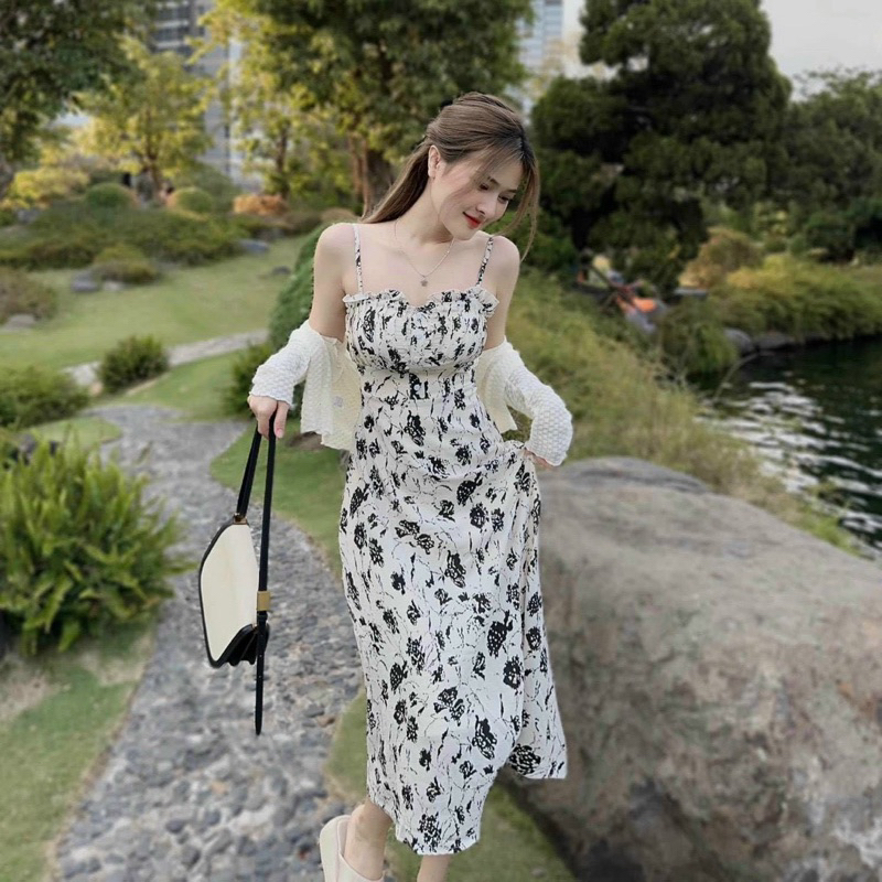 Set đầm váy nữ 2 dây lụa hoa maxi phối áo khoác ngoài nhẹ nhàng, xinh xắn dành cho các nàng diện đi chơi dạo phố cafe
