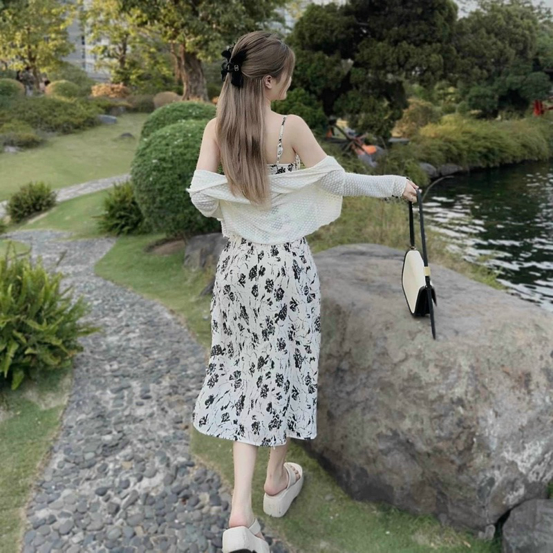 Set đầm váy nữ 2 dây lụa hoa maxi phối áo khoác ngoài nhẹ nhàng, xinh xắn dành cho các nàng diện đi chơi dạo phố cafe