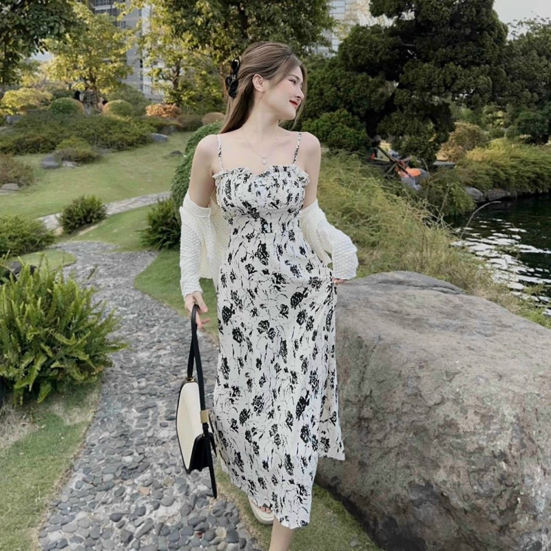 Set đầm váy nữ 2 dây lụa hoa maxi phối áo khoác ngoài nhẹ nhàng, xinh xắn dành cho các nàng diện đi chơi dạo phố cafe