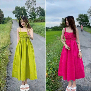 Đầm 2 dây thời trang nữ mặc đi chơi chất vải lụa mocking bèo ngực dáng váy dài xoè y hình.