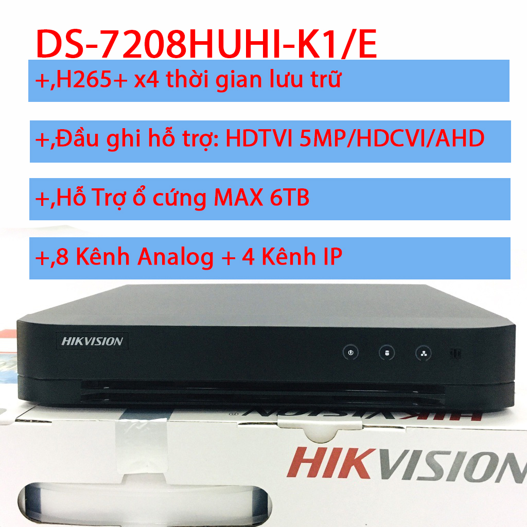 Đầu Ghi Camera Hikvision 8 Kênh 5Mp 7208HUHI-K1/E(S) Chất lượng hình ảnh 2K+, Hỗ trợ camera có mic thu âm.