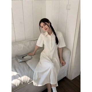 Đầm váy sơ mi trắng đen basic nút bọc công sở