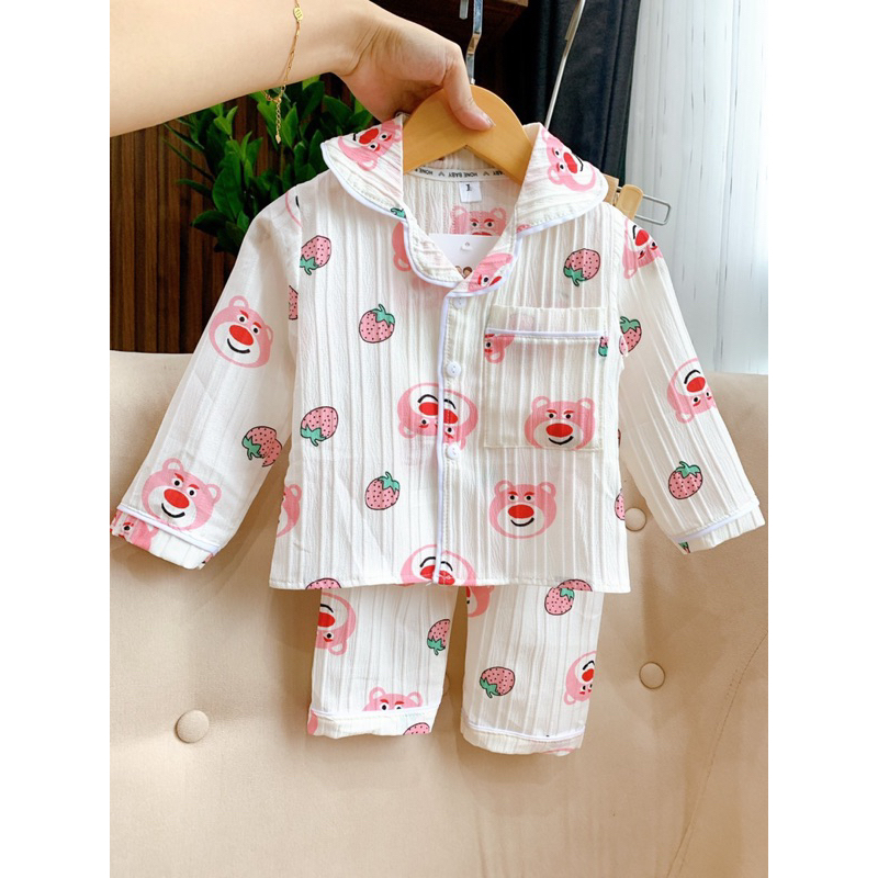 Pijama đũi gân hoạ tiết dài tay cho bé