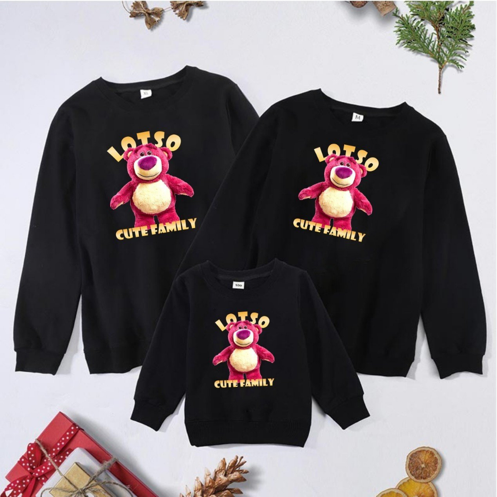 áo sweater gấu dâu LOTSO, áo sweater gấu dâu bé gái, áo nỉ gấu dâu gia đình 3/4/5 người