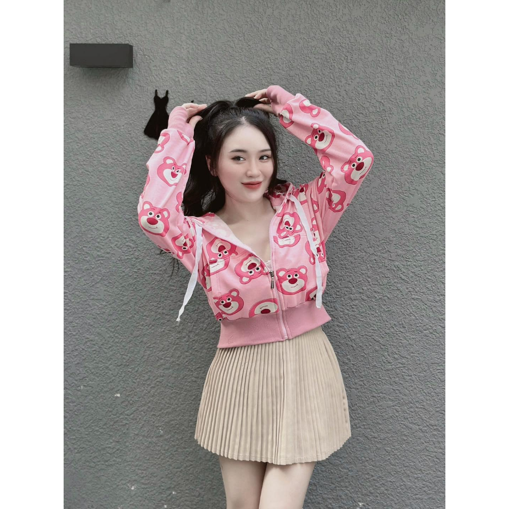 Áo khoác gấu dâu chất liệu da cá cho bé size 10-33kg