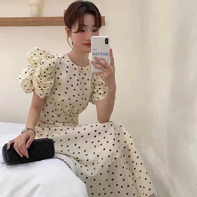 Váy tiểu thư tay bồng, váy hở lưng thắt nơ - Váy chấm bi vintage cổ điển
