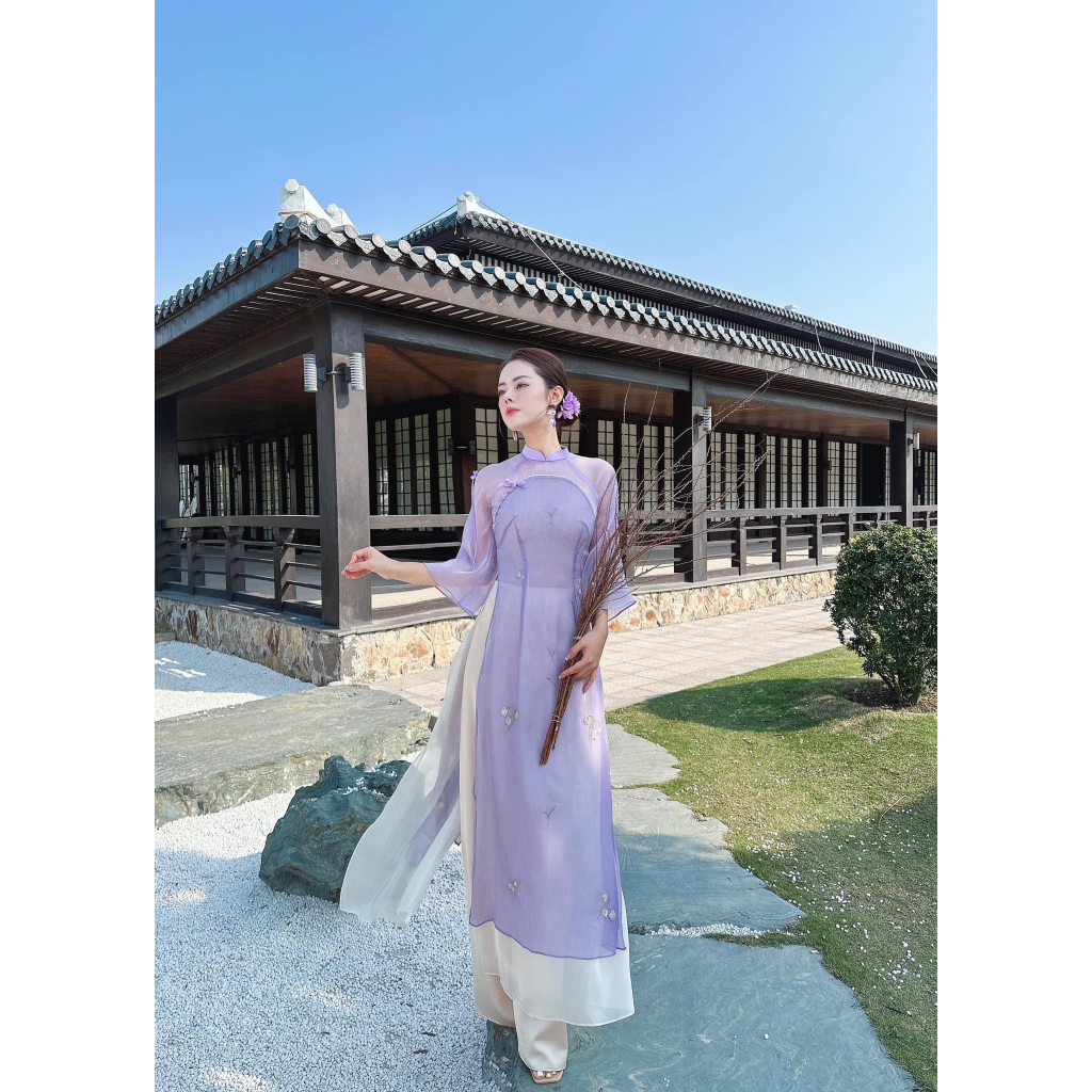 Set áo dài mẹ và bé Linn - vải tơ sống Nhật - họa tiết thêu & đính kết cao cấp - màu tím - Áo Dài An Nhiên - AN28