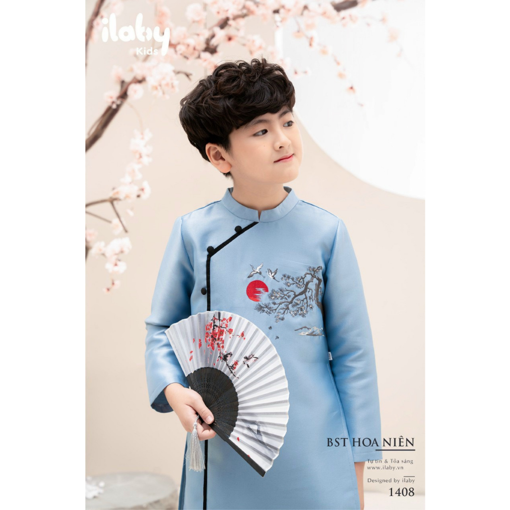 Áo dài cách tân bé trai Bách Nguyệt - vải tafta - họa tiết thêu cao cấp - 2 màu xanh, đỏ - Áo Dài An Nhiên - AN32