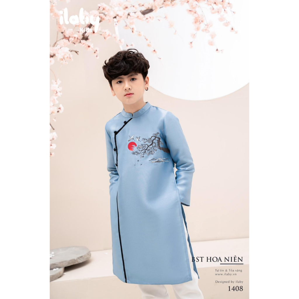 Áo dài cách tân bé trai Bách Nguyệt - vải tafta - họa tiết thêu cao cấp - 2 màu xanh, đỏ - Áo Dài An Nhiên - AN32