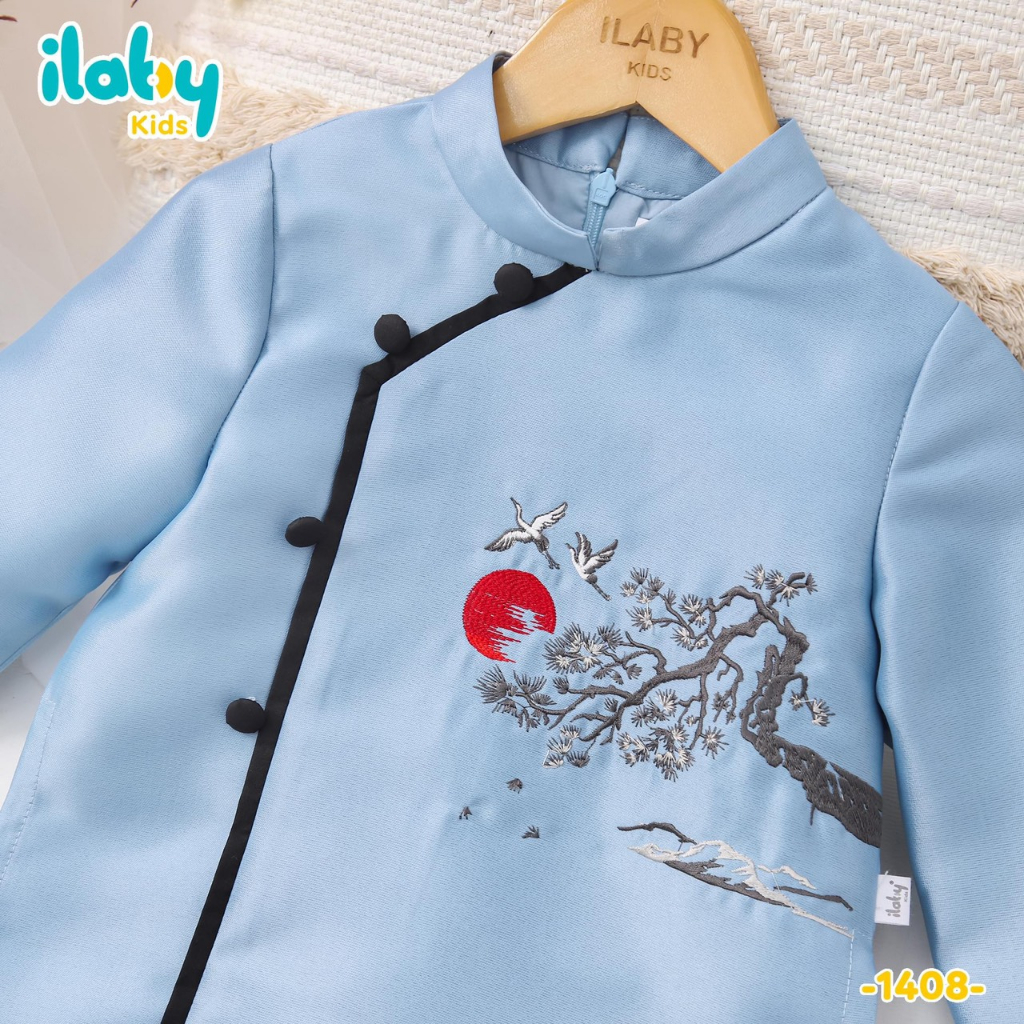 Áo dài cách tân bé trai Bách Nguyệt - vải tafta - họa tiết thêu cao cấp - 2 màu xanh, đỏ - Áo Dài An Nhiên - AN32