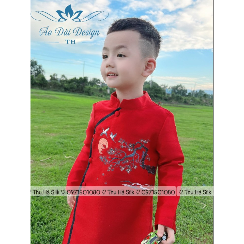 Áo dài cách tân bé trai Bách Nguyệt - vải tafta - họa tiết thêu cao cấp - 2 màu xanh, đỏ - Áo Dài An Nhiên - AN32