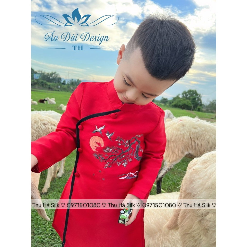 Áo dài cách tân bé trai Bách Nguyệt - vải tafta - họa tiết thêu cao cấp - 2 màu xanh, đỏ - Áo Dài An Nhiên - AN32
