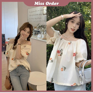 Áo ngắn tay trễ vai thêu hoa mùa hè Áo kiểu caro dễ thương 1007