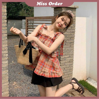 Áo hai dây kẻ caro vai buộc nơ áo tiểu thư kẻ đỏ viền bèo tầng siêu xinh