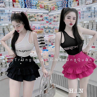 Set áo yếm lệch vai kèm váy jean xoè đuôi cá nút