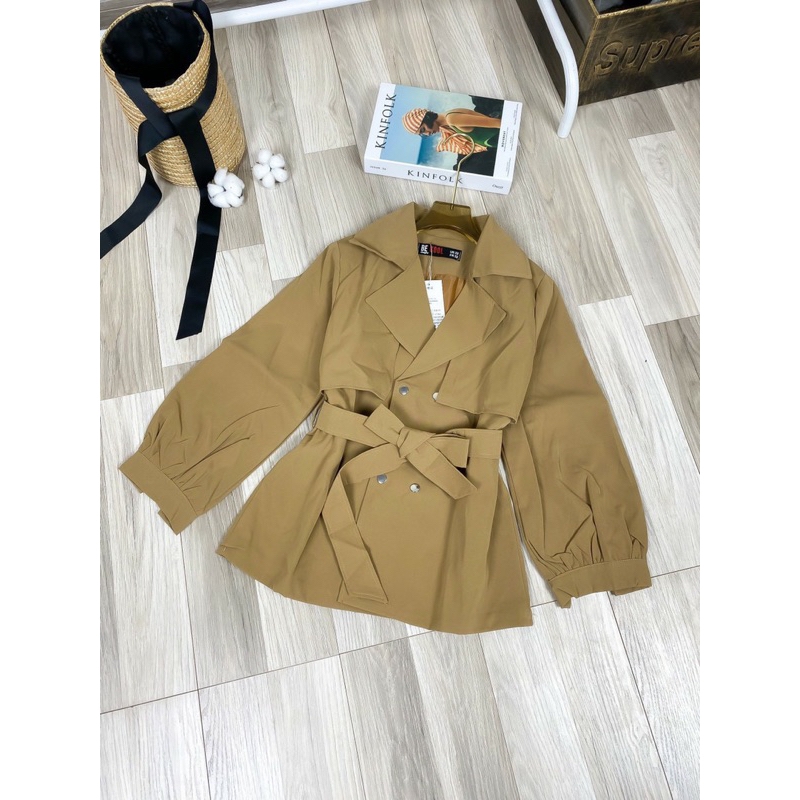 Áo Khoác Mangto Kaki Dáng Ngắn Kèm Đai Hàng 2 lớp Loại 1