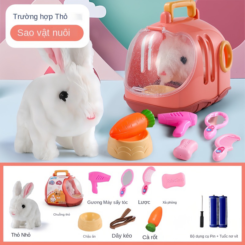 Thỏ bông biết đi biết vẫy tai và có nhạc cùng các phụ kiện đi kèm cho bé chăm sóc thỏ bông.