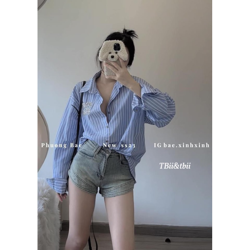 Áo sơmi miuumiu đá kẻ xanh hàng qcl1