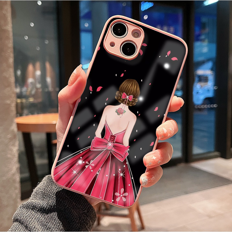 Ốp điện thoại iphone lưng kính hình cô dâu váy đỏ nền đen ốp kính 14 XR 13 11 12 Pro Max 8 7 6 6S Plus X Xs Max 7 8plus