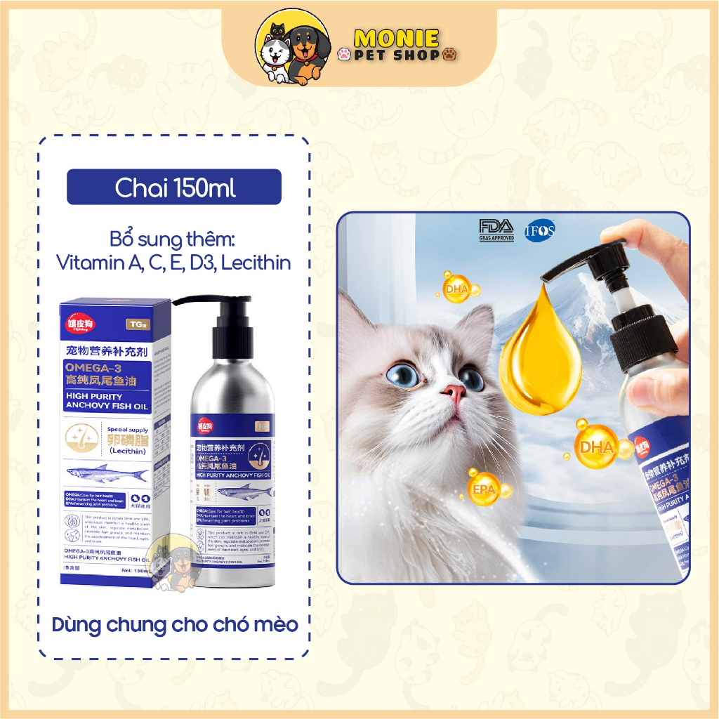 Dầu cá cho chó mèo bổ sung Omega 3, Vitamin giúp dưỡng da lông, giảm rụng lông cho chó mèo