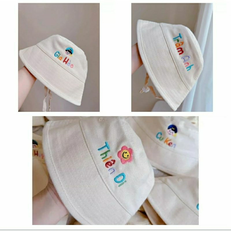 Mũ Bucket may quai sẵn thêu tên cho bé đủ 4 màu size từ bé đến ng lớn, inbox đổi hình thêu