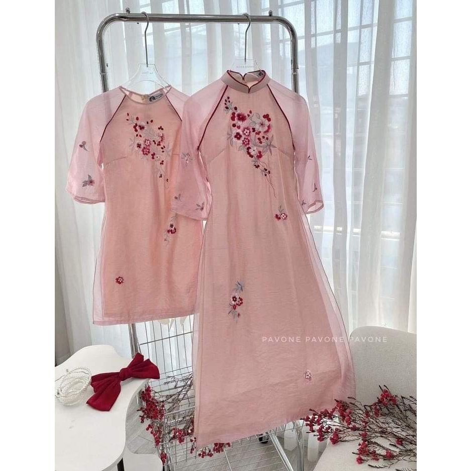 Set áo dài mẹ và bé thêu hoa lé cổ - vải tơ óng - họa tiết thêu, đính kết cao cấp - màu hồng- Áo Dài An Nhiên - AN47