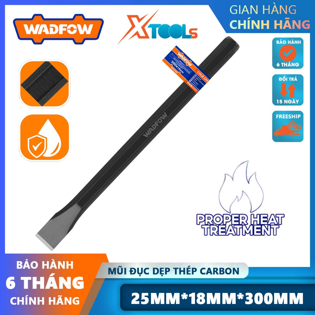 Mũi đục dẹp WADFOW WCC0301 Mũi đục 25mm*18mm*300mm thép carbon siêu cứng, đục tường, sắt, gỗ, bê tông
