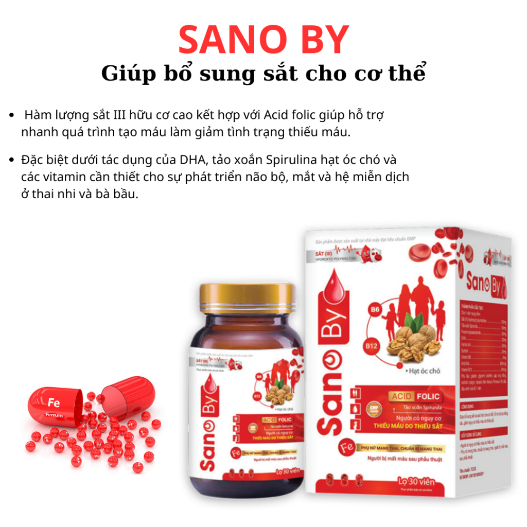 Viên uống Sanoby bổ sung sắt hỗ trợ nhanh quá trình tạo máu làm giảm tình trạng thiếu máu, tốt cho thai nhi và bà bầu.