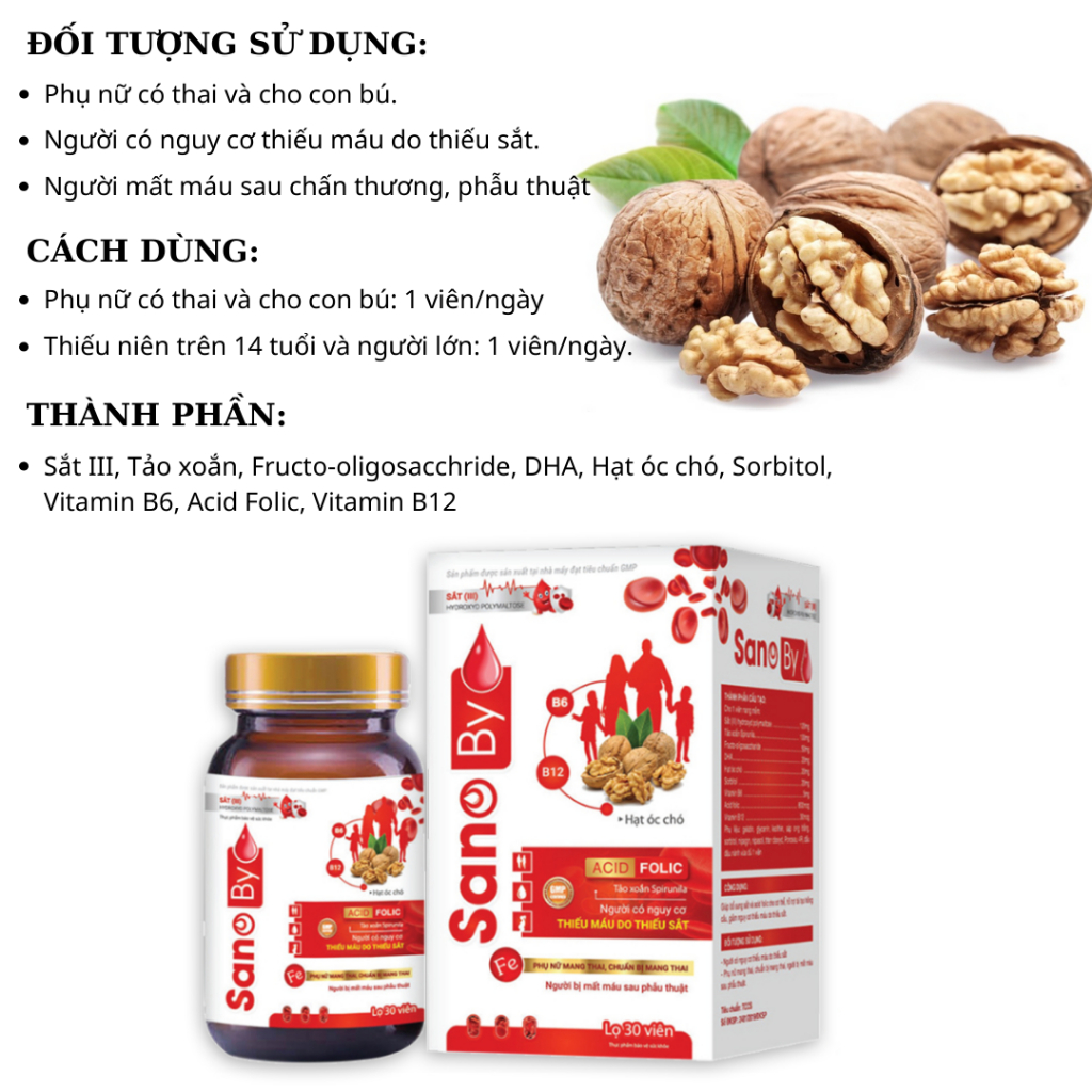 Viên uống Sanoby bổ sung sắt hỗ trợ nhanh quá trình tạo máu làm giảm tình trạng thiếu máu, tốt cho thai nhi và bà bầu.
