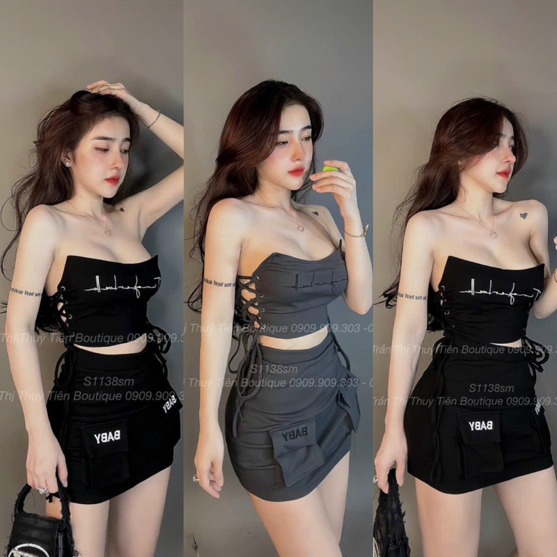 Set Gân Áo Quây Cúp Mút Croptop Chữ Nhịp Tim 〰️ + Váy Chữ A BABY Có Lót Quần