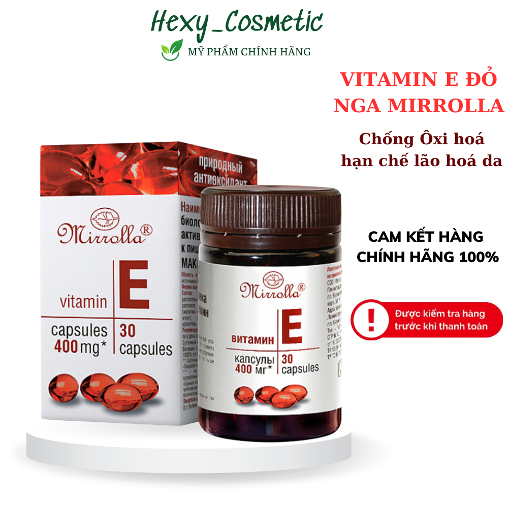 Viên uống Vitamin E đỏ Mirrolla Nga 400mg, Vitamin E đỏ làm đẹp trắng da chống lão hoá hộp 30 viên