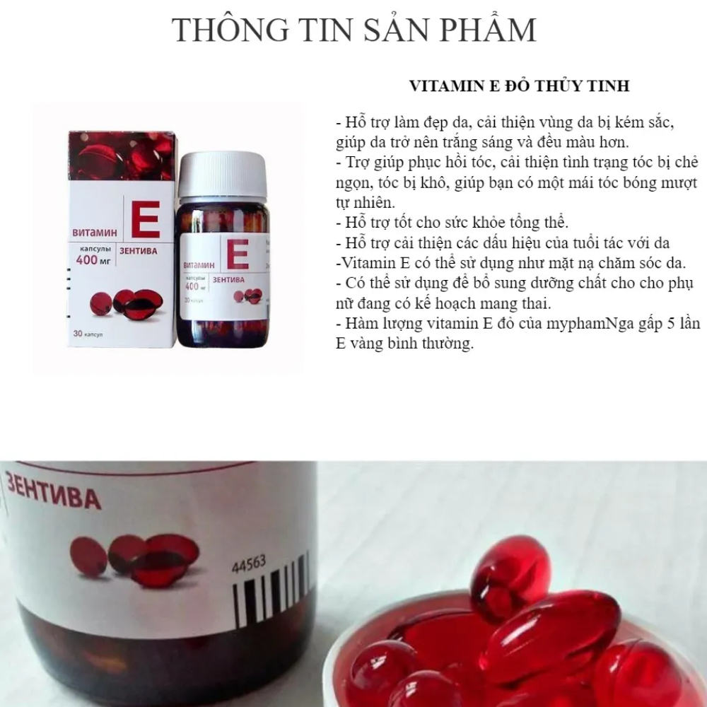 Viên uống Vitamin E đỏ Mirrolla Nga 400mg, Vitamin E đỏ làm đẹp trắng da chống lão hoá hộp 30 viên