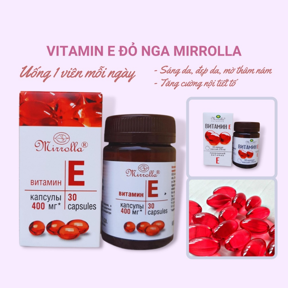 Viên uống Vitamin E đỏ Mirrolla Nga 400mg, Vitamin E đỏ làm đẹp trắng da chống lão hoá hộp 30 viên