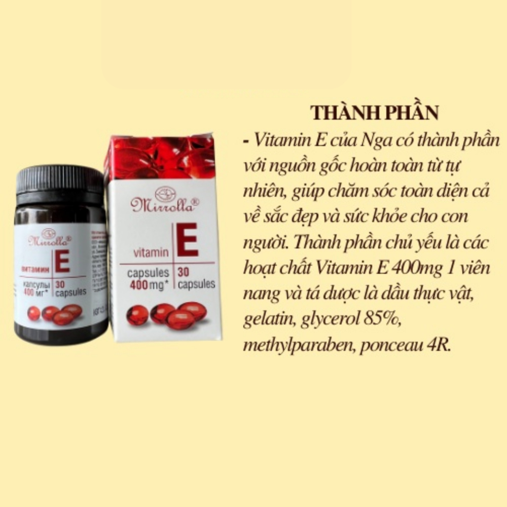 Viên uống Vitamin E đỏ Mirrolla Nga 400mg, Vitamin E đỏ làm đẹp trắng da chống lão hoá hộp 30 viên