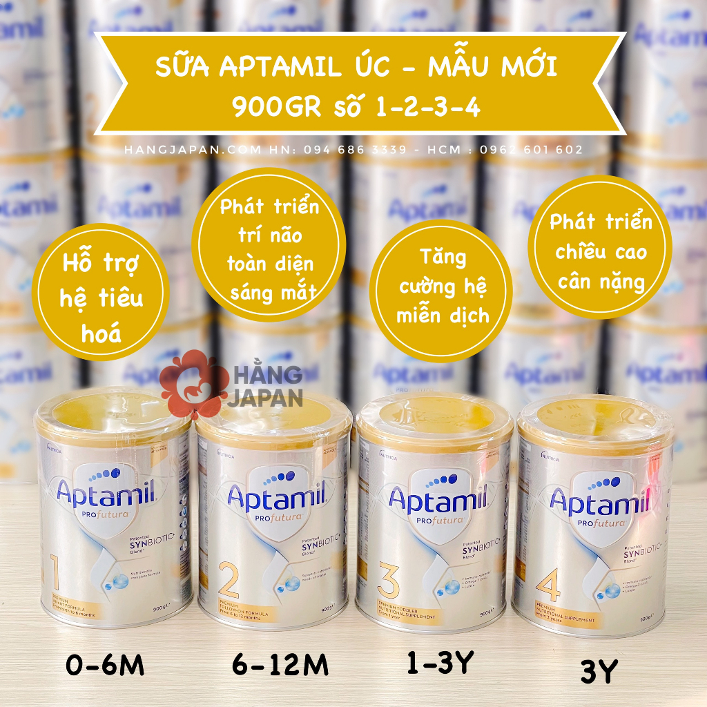 Sữa bột Aptamil Synbiotics Úc cho bé từ sơ sinh trở lên số 1, 2, 3, 4 hộp 900g