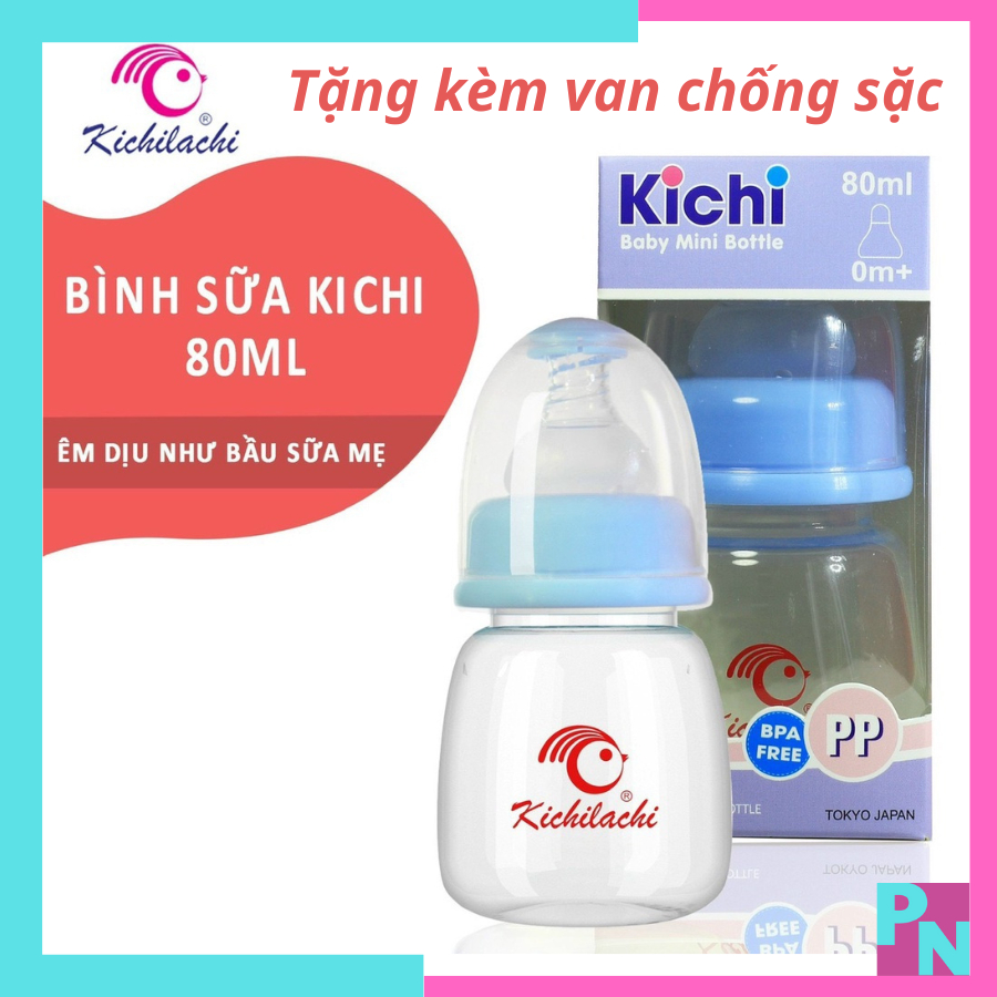 Bình sữa cho bé bình sữa cổ hẹp 80ml Kichi núm vú siêu mềm chống sặc chống đầy hơi không BPA (tặng kèm van chống sặc)