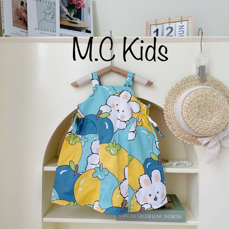 Váy bé gái 2 dây nơ eo 5 màu dễ thương kèm stickers