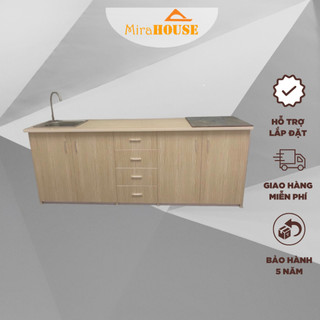 Tủ bếp nhựa Đài Loan mặt đá kèm bồn rửa siêu bền chịu nước, độ bền cao. MIRA HOUSE lắp đặt miễn phí