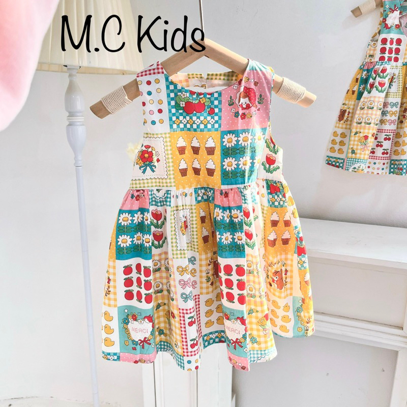 Váy cho bé gái sát nách hoạ tiết hoạt hình dễ thương- Lưng trái tim cách điệu- Chất liệu cotton thoáng mát